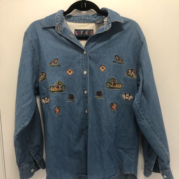 VINTAGE Jean Button-Up shirt w/ embroidery - Picture 2 of 16